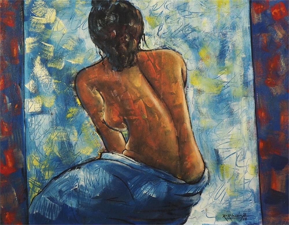 RINCON, R. ,  20. Jahrhundert. (Karibik).  Expressives Gemälde "Weiblicher Rückenakt".