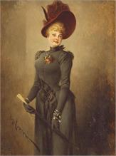 LOSSOW, Heinrich. Dame im schwarzen eleganten Kleid mit Hut. 