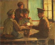 Kriegsgefangene Russen beim Kartenspiel.