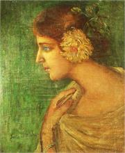 Profilbildnis einer jungen Frau mit  Blume im Haar.