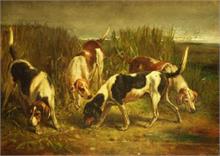 Vier Jagdhunde in Landschaft.