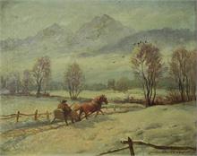 Winterlandschaft mit Pferdeschlitten. 