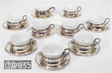 Teetassenhalter, Untertassen aus 835er Silber mit weißen Porzellaneinsätzen ROSENTHAL, je 9er Satz.