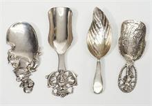 Vier verschiedene Zierlöffel, Silber gepunzt bzw. Silber geprüft.
