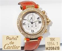 PASHA DE CARTIER Diamant Chronograph,  Extrovertierte Damenarmbanduhr aus 18 Karat Gelbgold.