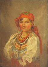 SYCHKOV, Feodor Vasilievich. Portrait eines lächelnden Mädchens in russischer Tracht.