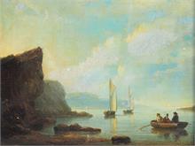 Kleines Gemälde einer felsigen Küstenlandschaft mit Ruder- und  Segelbooten.