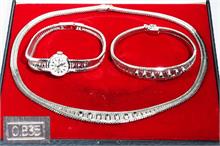 Set: Schmuckuhr, Armband und Collier mit kleinen Saphiren. 835er Silber.