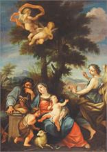 Heilige Familie mit Engel und Johannesknaben vor Olivenbaum,  darüber zwei Engel schwebend.