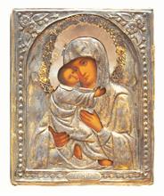 Russische Ikone "Gottesmutter mit Kind" mit  84er Silberoklad, datiert 1878.