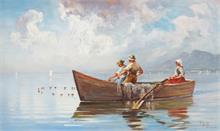Zugnetzfischer am Chiemsee im Hintergrund die Fraueninsel.