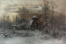 Klever  Julius Sergius von.  1850 Dorpat - 1924 St. Petersburg. Wintertag mit Abendsonne im Dorf. 
