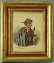 Krämer, Peter II.  1857 Philadelphia  - 1936 München. Halbporträt eines alten Jägers mit Pfeiffe und  Flinte. 