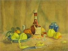 Stilleben mit Früchten und Calvados in Flasche und Glas.  wohl um 1910.