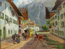 Hemmrich, Georg.  1874 - 1939.  Ankunft der Postkutsche in Mittenwald.