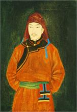 Boldbaatar. Stehender mongolischer Jüngling in Landestracht. 