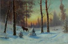 Murawjoff, Wladimir Leonidovich, Graf. 1861 - 1940.  Elch in  winterlicher Waldlandschaft. 