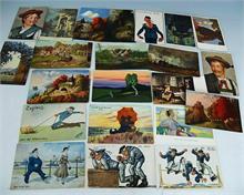 34 Postkarten: Landschaften und Karikaturen.   um 1900/1910