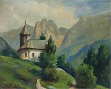 Gebirgskapelle, im Hintergrund die Alpen. 