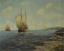 Segelschiffe vor Küste. Ende 19. Jahrhundert.  