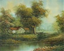 Bauernhaus in sommerlicher  Landschaft am Teich. 