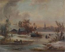 Holländische Winterlandschaft mit Eisläufern. Mitte 19. Jahrhundert. 