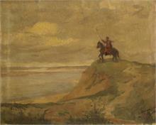 Krieger mit  Pferd vor weiter Seelandschaft.