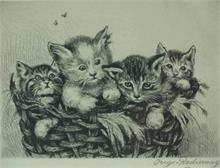 Vier Kätzchen im Korb.