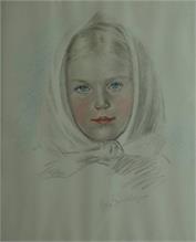 von SCHLIEBEN, Hed. 1882 - ?.  Porträt eines Mädchen mit Kopftuch. 