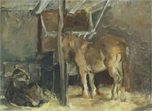 Pferd und Kuh im Stall. 