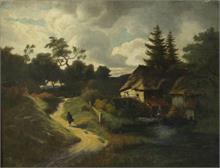 Wanderer an Mühle.  Um 1820. 