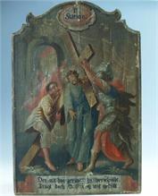 Holztafel Kreuzigung Jesu.  II. Kreuzwegstation.  18. Jahrhundert