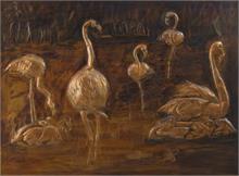 Bildplatte.  Kupfer mit Flamingos.