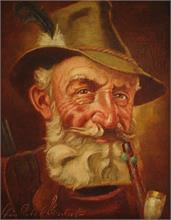 Porträt eines Jägerns Bauer mit Pfeife. 