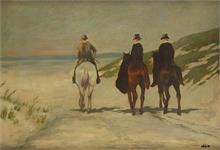 Drei Reiter zu Pferd in Dünenlandschaft. 