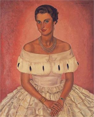 Portrait einer elegant gekleideten Dame mit Perlenkette.