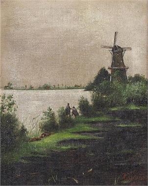 Angler in Flußlandschaft mit Windmühle.