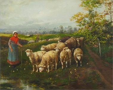JARDINES, José Maria, 1862 Cadiz - ca. 1914. Hirtin mit Schafherde auf der Weide in hügeliger Landschaft.