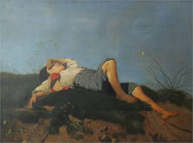 A. Müller. Kopist. Franz Seraph Lenbach von.  Schlafender Junge auf einem Sandhügel.  c, 1858 - 1860. 