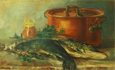 Stilleben mit zwei Fischen.  um 1920. 