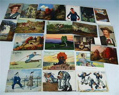 34 Postkarten: Landschaften und Karikaturen.   um 1900/1910