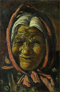Porträt einer alten Dame mit Kopftuch.  um 1900. 