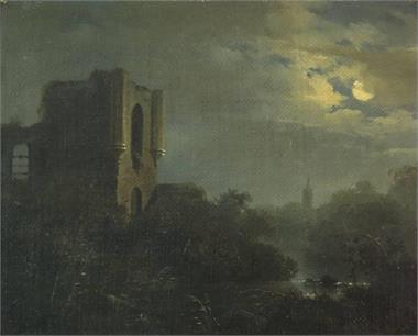 KOEKKOEK, H. Romantische Landschaft mit Burg im Mondlicht. 