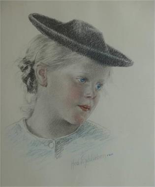 von SCHLIEBEN, Hed. 1882 - ?. Porträt eines Mädchen mit Trachtenhut.