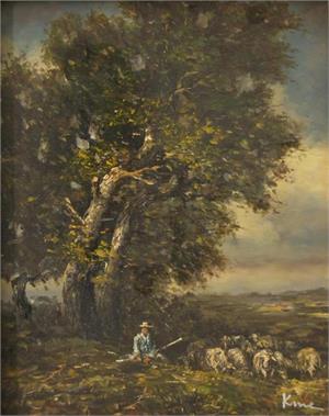 Schäfer mit seiner Herde in Landschaft.